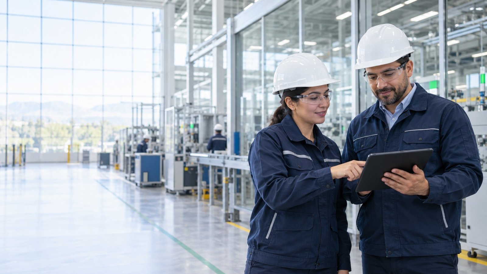 Imagen ilustrativa de consultores revisando procesos en una planta industrial moderna